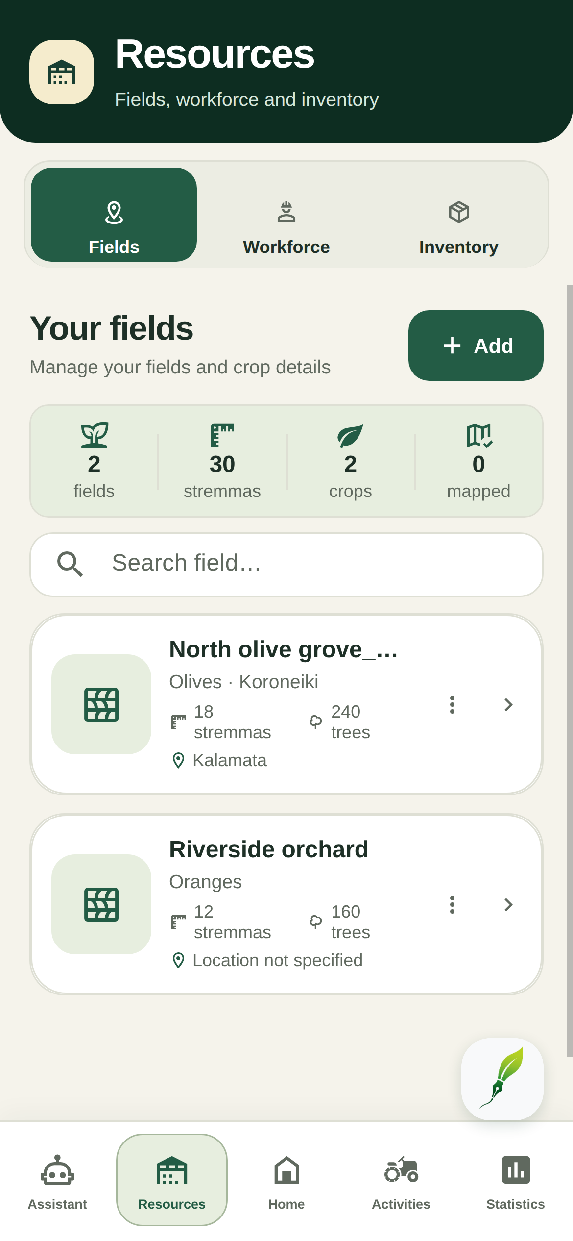 Fields — real FarmerPad app screen
