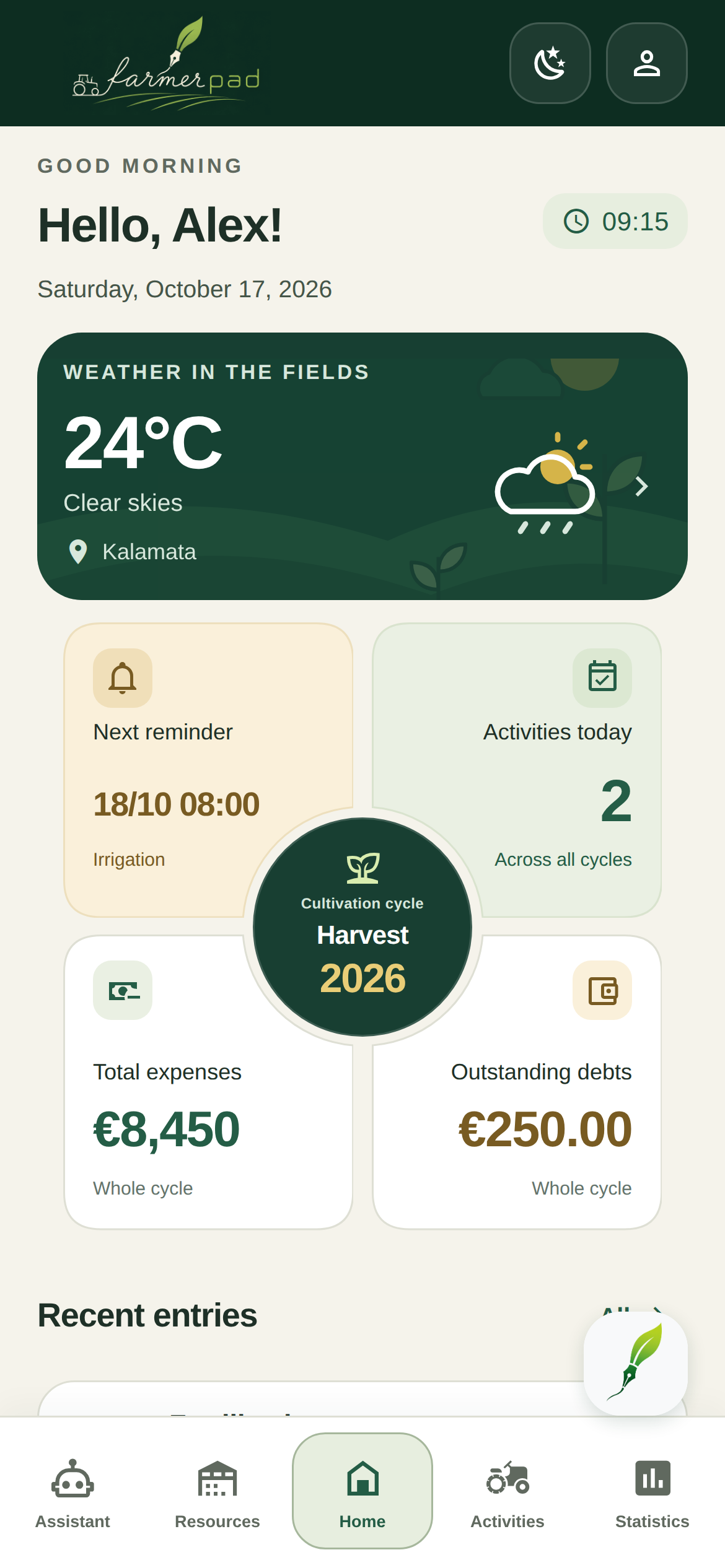 Home — real FarmerPad app screen